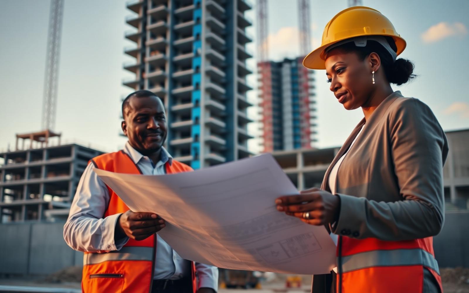 EEE specialists reviewing lift plans with a project team on an African construction site